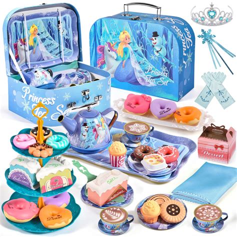 Golray Tea Party Set for Little Girls Frozen Toys Inspired Elsa Princess Gift, 49Pcs Kid Tin Tea ...