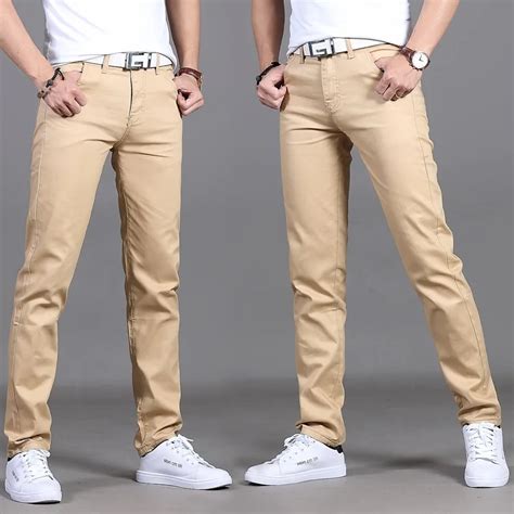 Casual Men Pants Cotton Slim Straight Pant Trousers Fashion Business Lightweight Solid Khaki ...