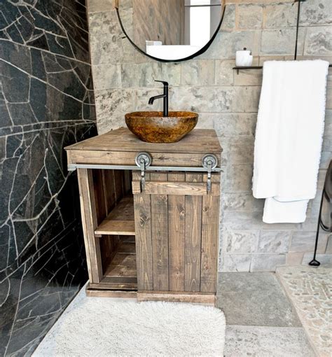 Rustic Bathroom Vanity With Sliding Barn Doors, Remodeling Farmhouse Cabin Weathered Distressed ...