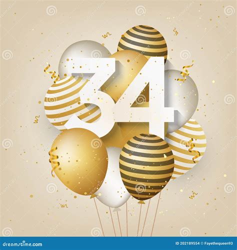 Happy 34th Birthday with Gold Balloons Greeting Card Background. Stock ...