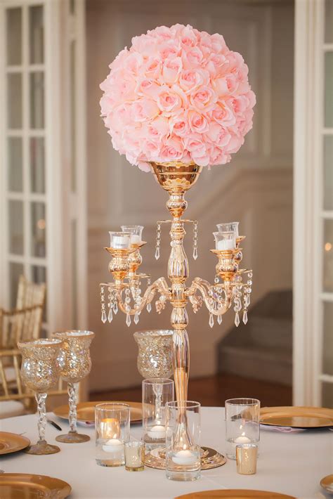 Gold Candelabra, Pink Rose Wedding Reception Centerpiece