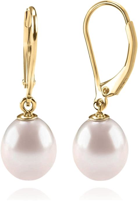 PAVOI 14K Yellow Gold Plated Freshwater Cultured Pearl Earrings Leverback Dangle Studs ...