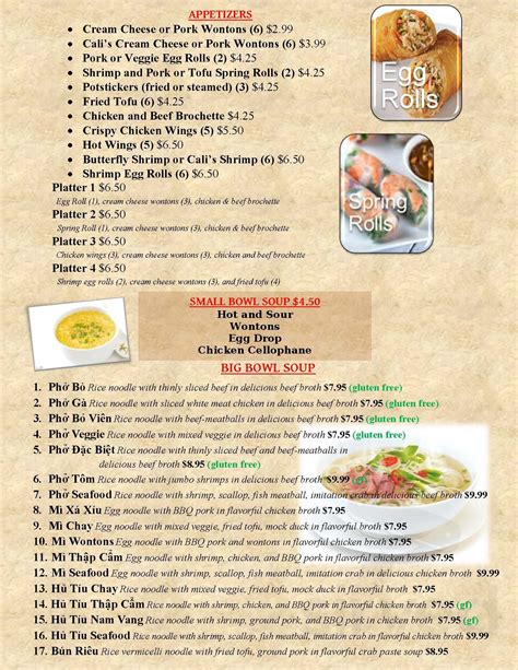 Cali's Vietnamese Restaurant menu in Minneapolis, Minnesota, USA