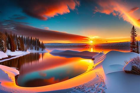 Premium AI Image | A winter sunset with snow on the ground and a lake ...