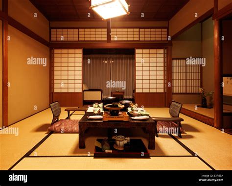 Japanese traditional ryokan hotel room with dinner served on a table ...