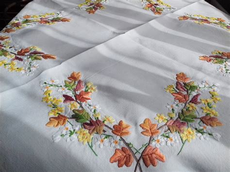 Hand Embroidered Tablecloth in Autumnal Colours | Etsy UK | Embroidered tablecloth, Hand ...