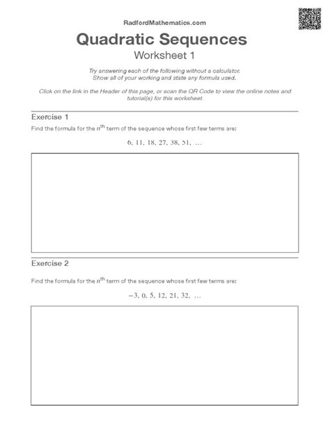 Quadratic Sequences Worksheet 1 | PDF