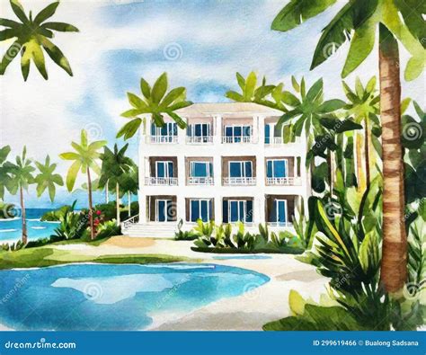 Watercolor of Luxury Beach House Stock Illustration - Illustration of ...