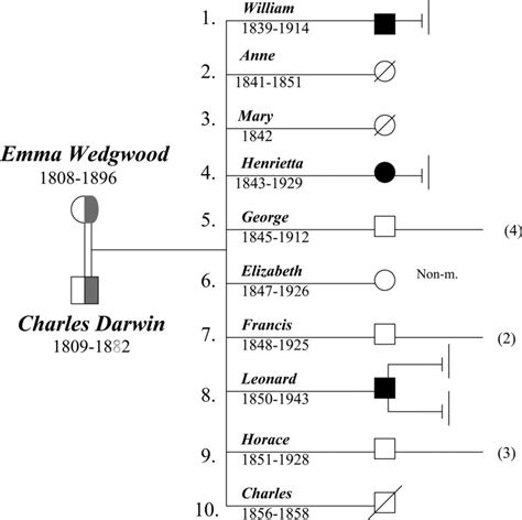 The fragment of family tree of Charles Darwin. The black color and ...