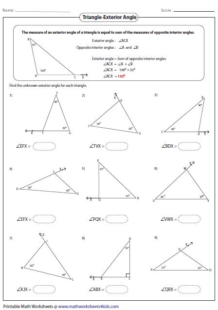 Exterior Angles Of A Triangle Worksheets