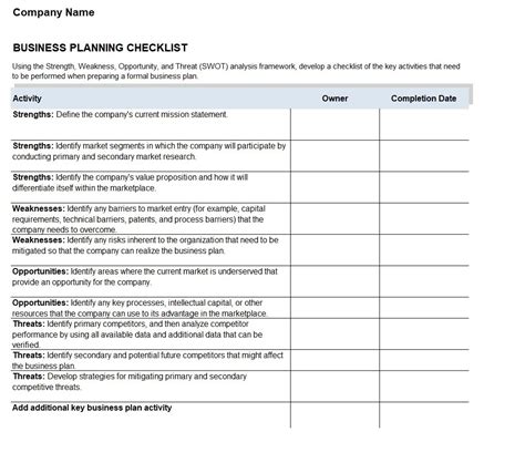 Business Plan Checklist Template In Excel (Download.xlsx)