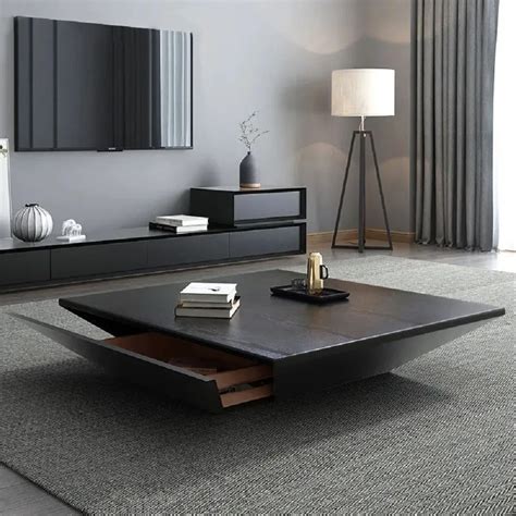 Modern Black Coffee Table with Storage Square Drum Coffee Table with 1-Drawer