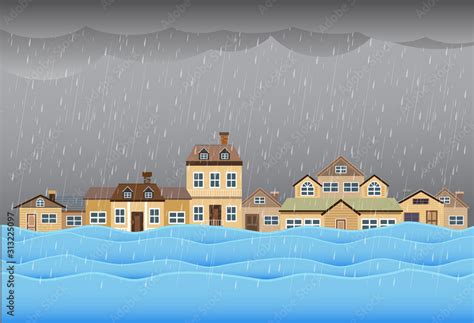 Flood disaster, flooding water in city street, vector design Stock Vector | Adobe Stock