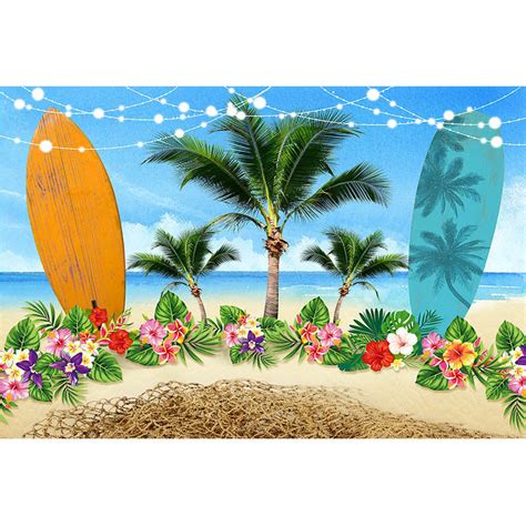 Sea Beach Summer Party Backdrop Tropical Flowers Surfboard Seaside Alo – dreamybackdrop