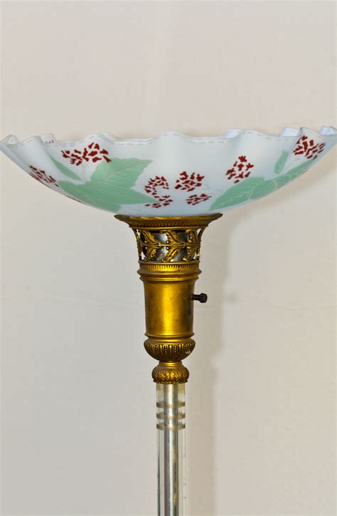 ANTIQUE DECO TORCHIERE LAMP PR FROSTED GLASS REVERSE PAINTED SHADE CRYSTAL STEM | eBay