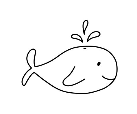 Cute doodle whale isolated on white background. Vector outline marine illustration for coloring ...