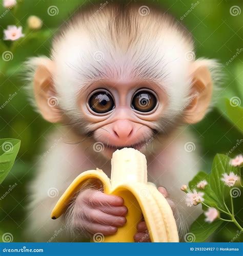 Cute Baby Monkey Eating Banana Stock Illustration - Illustration of generated, looking: 293324927