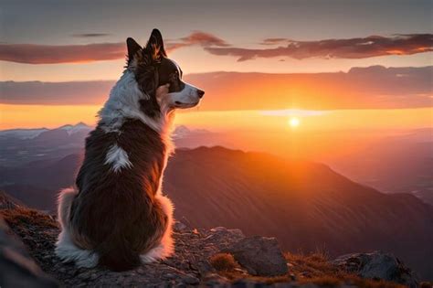 Premium AI Image | Dog sitting on mountaintop with view of the sun setting over the horizon ...