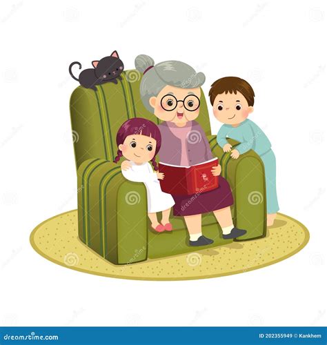 Cartoon Of Grandma Telling Story To Her Grandchildren On A Sofa ...