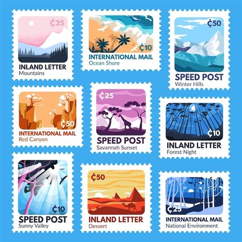 Premium Vector | Postage stamp design set with colorful landcape