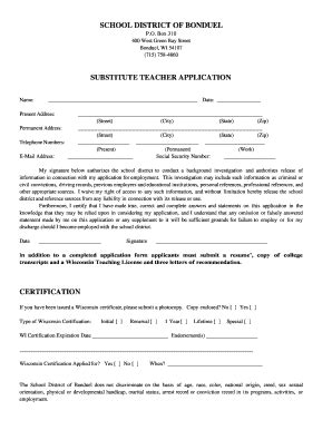 Fillable Online Substitute Teacher Application - PDF - Bonduel School District Fax Email Print ...