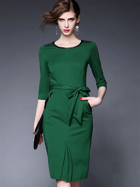 Green Round Neck Length Sleeve Tie-Waist Pockets Dress | Wear to work dress, Dresses for work ...