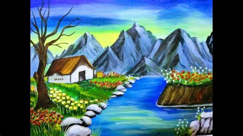 How to paint nature scenery with mountain, Acrylic painting for beginners