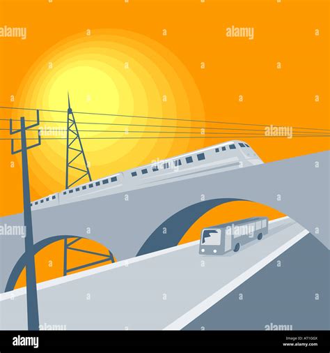 train crossing bridge with bus on road Stock Photo - Alamy