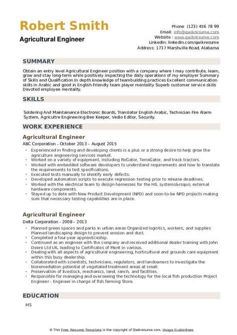 Agricultural Engineer Resume Samples | QwikResume