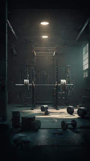 Premium AI Image | A dark gym with a barbells and weights on the floor.