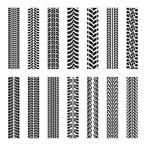 Set of car tire tracks. Tire treads, silhouette of tread marks for cars and vehicles. Vector ...