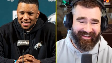 Saquon Barkley's confident four-word response to Jason Kelce asking if he can squat more than ...