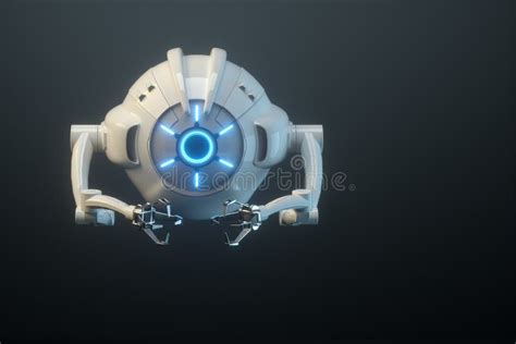 Sci Fi Flying Drone with Camera or Futuristic Assembly Machine Isolated on Black Background ...