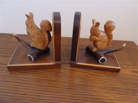 Vintage bookends wood hand carved squirrel with antler | Etsy | Vintage ...