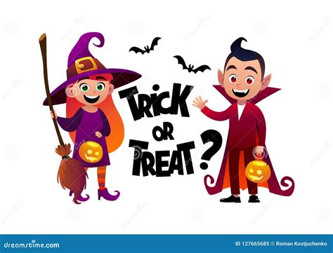 Cartoon Children Witch and Vampire Costume Trick or Treat Background ...