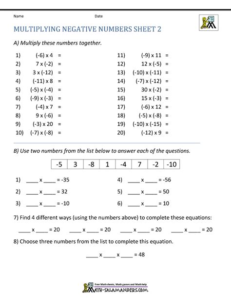 Multiplying Positive And Negative Numbers Worksheet