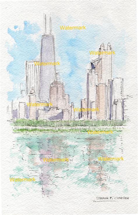 Chicago skyline watercolor of near north side and John Hancock Center.