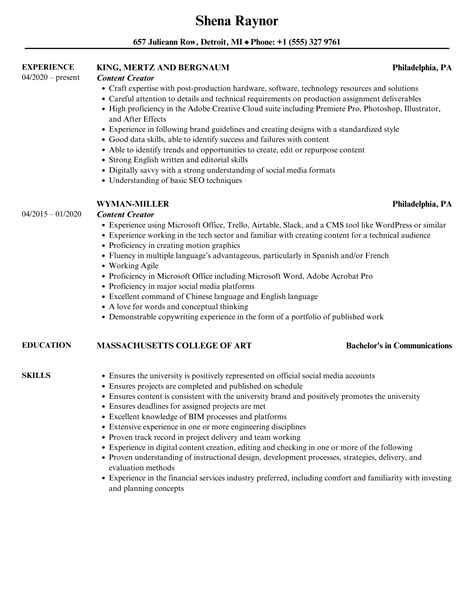 Content Creator Resume Samples | Velvet Jobs