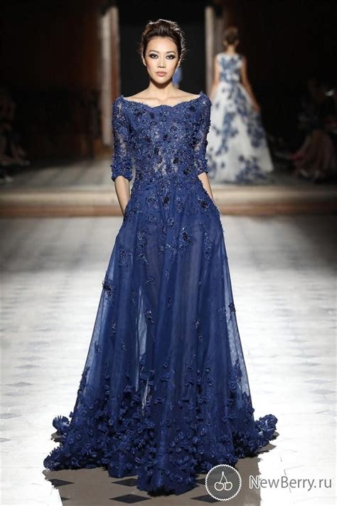 Elie Saab Dresses Party Evening Gowns Sleeves Scoop Appliques Prom Dresses 2105 Nave Blue ...