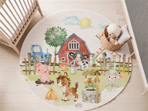 Farm Animals Round Rug, Barnyard Nursery Decor, Farm Nursery Rug, Kids ...