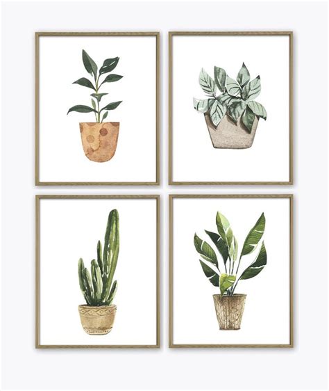 Watercolor Plant Art Print Set of 4, Botanical Home Decor, Green Potted Plants Painting Set ...