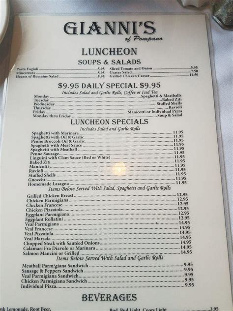 Menu at Gianni's restaurant, Pompano Beach