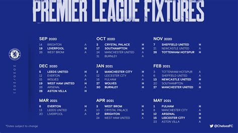 MAX SPORTS: CHELSEA FC: PREMIER LEAGUE FIXTURES 2020-21