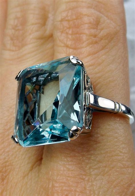 Aquamarine Blue Ring Size 11 Sterling Silver/ 20ct Big Huge Square Cut Simulated Blue Gem ...