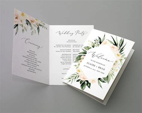 Bi-Fold Peach Floral Wedding Program Template, Printable Folded Wedding Program Booklet ...