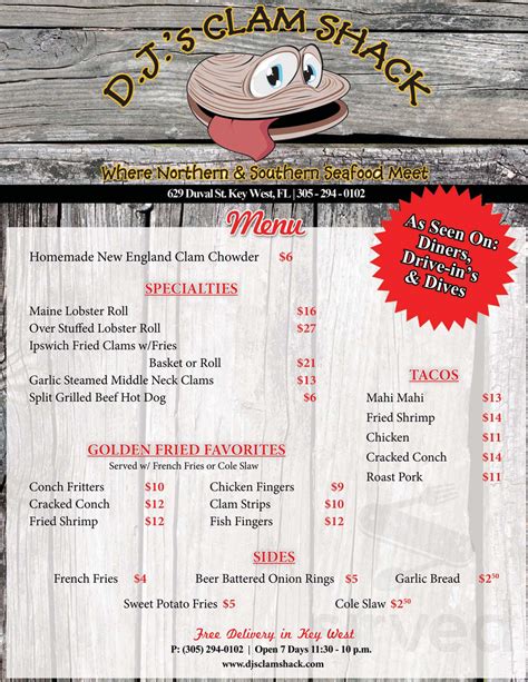 DJ's Clam Shack menu in Key West, Florida, USA