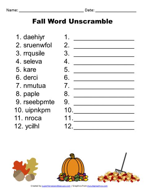 Fall Word Unscramble Free Printable | Superheroes and Teacups | Fall words, Unscramble words ...