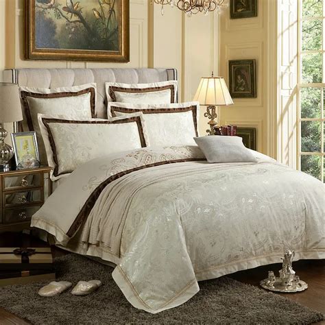 6PC luxury off white silk and cotton bedding sets queen king size ...