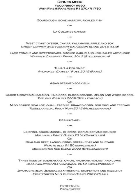 La Colombe Menu, Menu for La Colombe, Constantia, Cape Town - Zomato SA