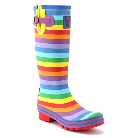 Women's Original Knee High Rainbow Stripes Rain boot Wellies Multi Color Waterproof Rain boots ...